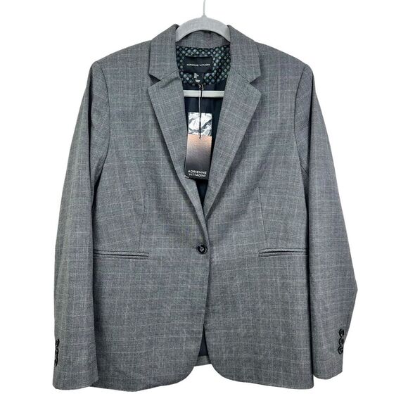 Adrienne Vittadini Womens Blazer Suit 1 Button Lined Vented Window Pane Gray‎ L - Picture 1 of 6